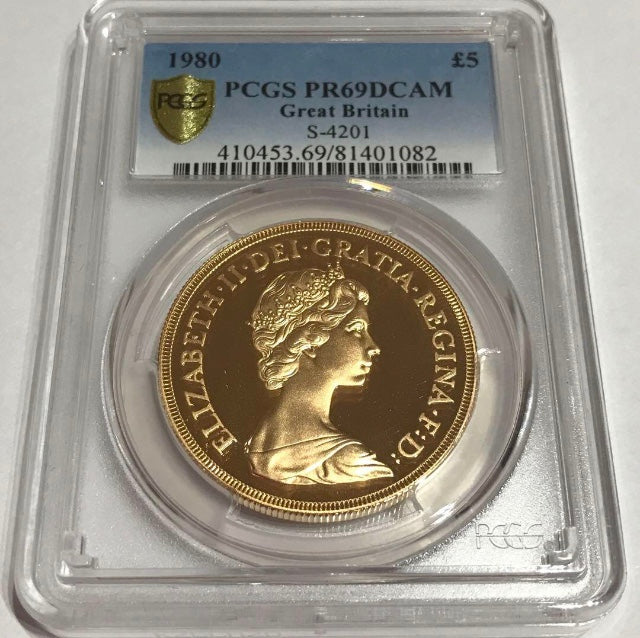 準最高鑑定】1980年 ヤングエリザベス 5ポンド 金貨 PCGS PR69DCAM 