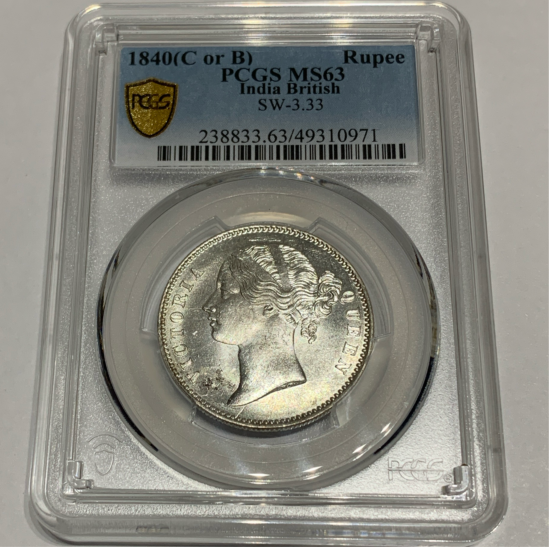 1840年（B&C）英領インド ヴィクトリア1ルピー銀貨　PCGS MS63