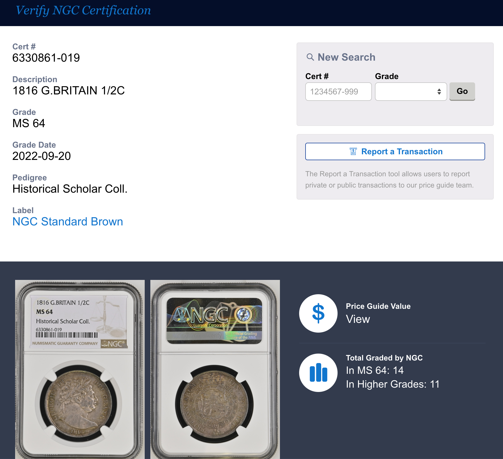 【高鑑定】1816年　イギリス　1/2クラウン　Historical Sholar Coll. MS64 NGC