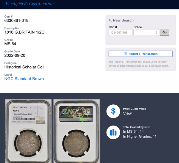 【高鑑定】1816年　イギリス　1/2クラウン　Historical Sholar Coll. MS64 NGC