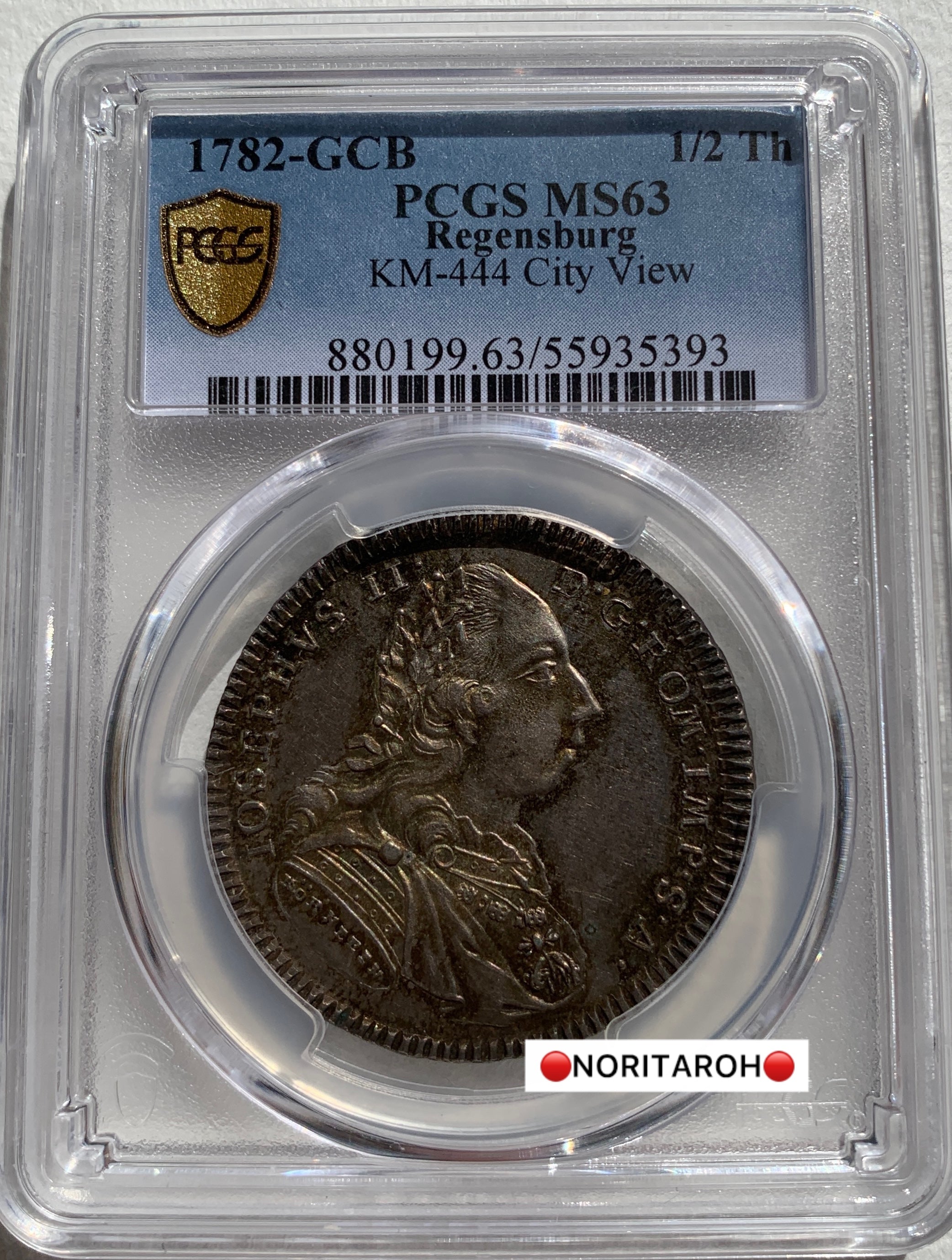 【唯一最高鑑定】1782年-GCB　レゲンスブルグ　KM-444 都市景観　1/2ターラー銀貨   MS63　PCGS