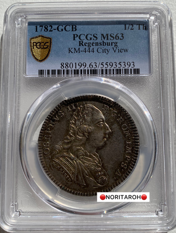 【唯一最高鑑定】1782年-GCB　レゲンスブルグ　KM-444 都市景観　1/2ターラー銀貨   MS63　PCGS