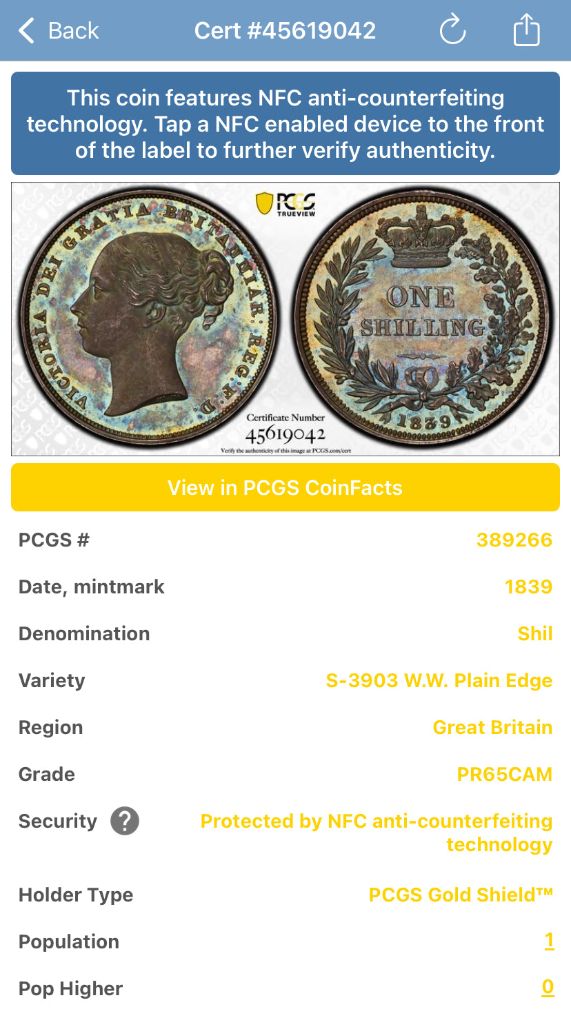 24/6/14【唯一最高鑑定】イギリス　1839年　ONE SHILLNG W.W. （ウィリアム・ワイオン）Plain Edge 銀貨　PCGS PR65CAM