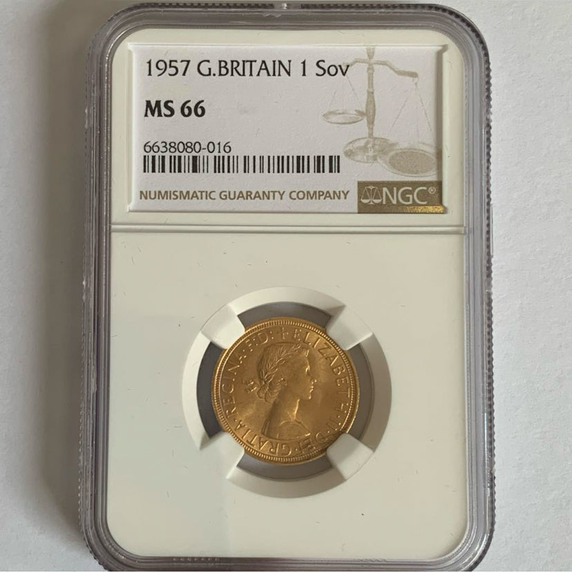 イギリス　1957年　エリザベス2世　1ソブリン金貨　MS66 ヤングヤング　聖ジョージ竜退治