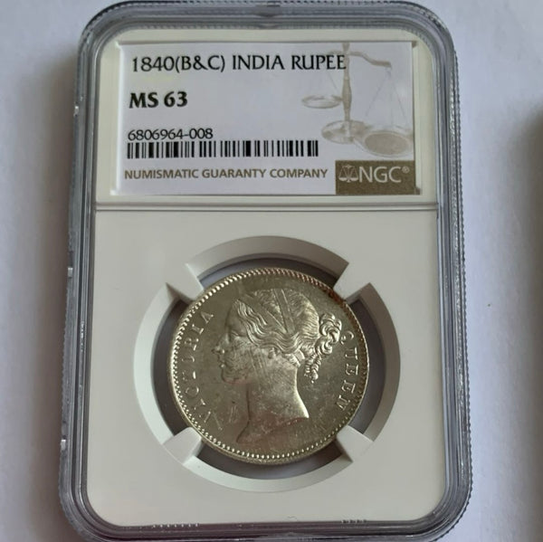 24/9/19 1840年（B&C）英領インド ヴィクトリア1ルピー銀貨　NGC MS63