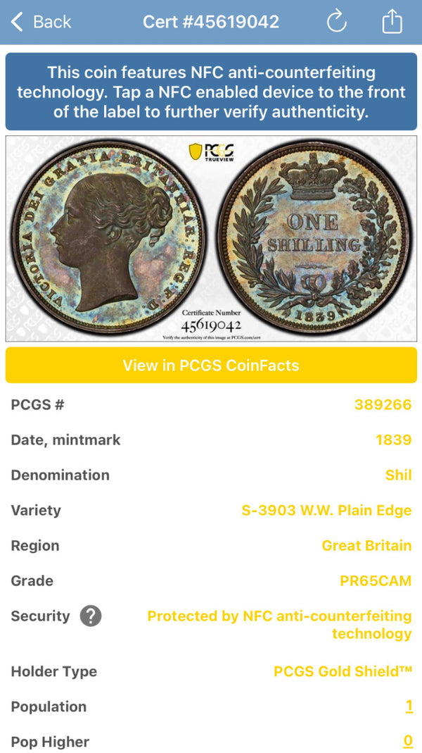 ★24/6/14【唯一最高鑑定】イギリス　1839年　ONE SHILLNG W.W. （ウィリアム・ワイオン）Plain Edge 銀貨　PCGS PR65CAM