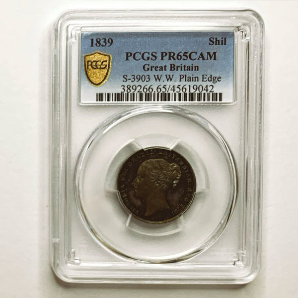 24/6/14【唯一最高鑑定】イギリス　1839年　ONE SHILLNG W.W. （ウィリアム・ワイオン）Plain Edge 銀貨　PCGS PR65CAM