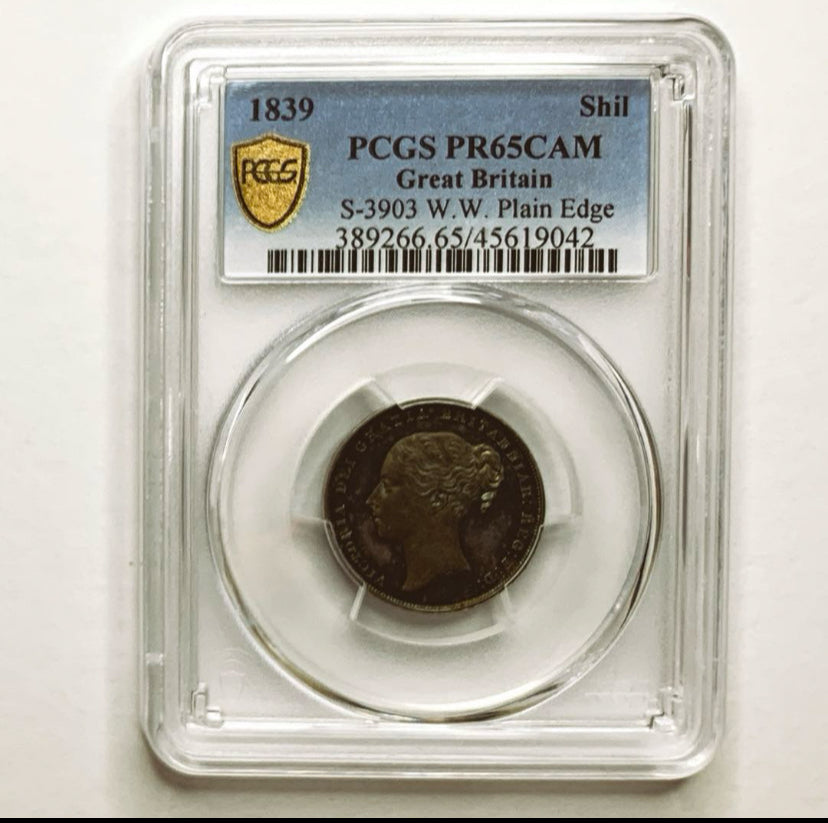 ★24/6/14【唯一最高鑑定】イギリス　1839年　ONE SHILLNG W.W. （ウィリアム・ワイオン）Plain Edge 銀貨　PCGS PR65CAM