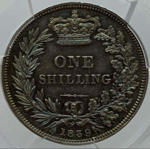 ★24/6/14【唯一最高鑑定】イギリス　1839年　ONE SHILLNG W.W. （ウィリアム・ワイオン）Plain Edge 銀貨　PCGS PR65CAM