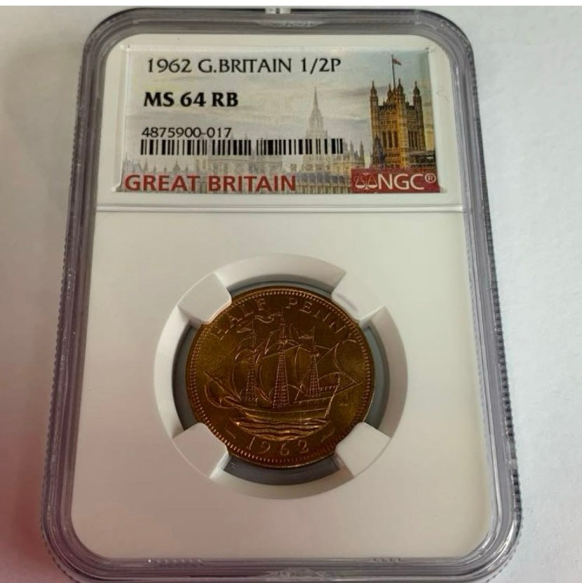 イギリス　1962年　1/2P銅貨　 NGC MS64RB 4875900-017