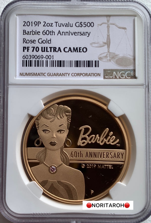 【委託販売2026】①2019年 ツバル バービー誕生60周年記念 500ドル ローズゴールド金貨 NGC PF70 ULTRA CAMEO 【世界限定60枚：箱付】