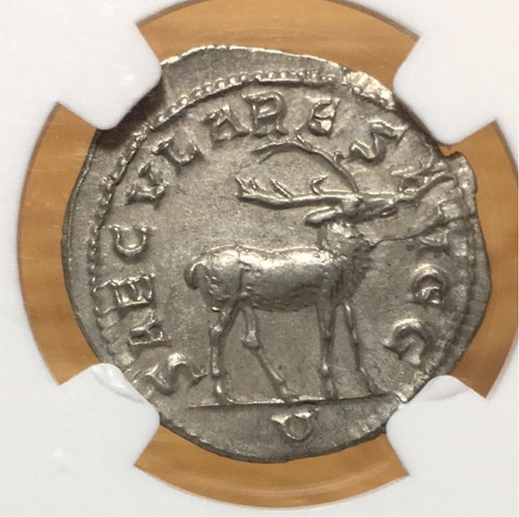 【高鑑定　1800年物】ローマ皇帝　フィリップ１世　2デナリウス銀貨　Ch AU 4/5 4/5 （CRIコインカード付）